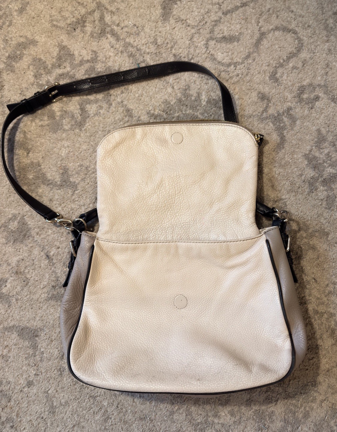 kate spade new york Medium Beige Pebbled Shoulder Bag Zip, Black Strap Striped