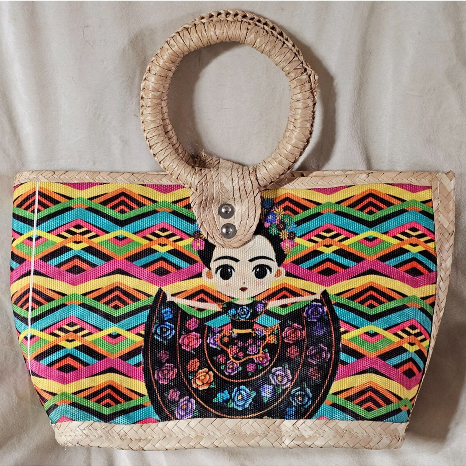 Authenticate Frida Kahlo Mexican Handbag/Purse Multi Burst of Colors 11″ deep