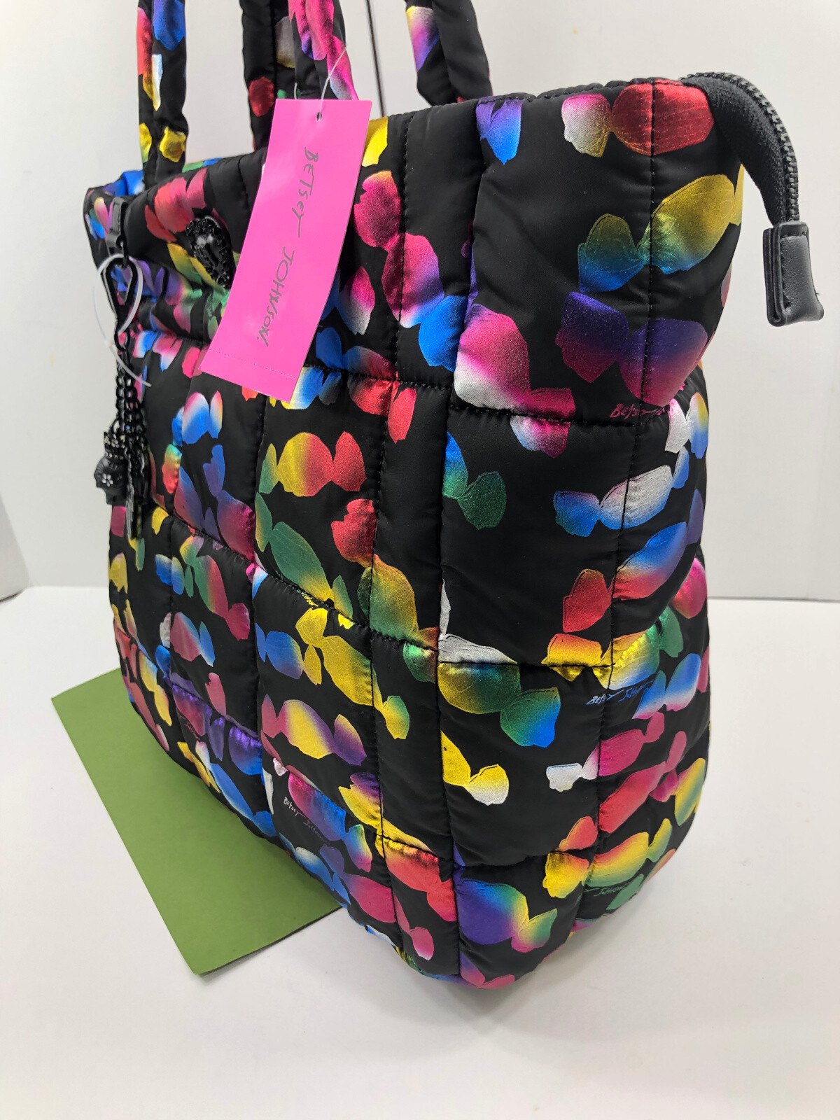 Betsey Johnson Puffy Posey Tote Black CANDY Neon Multi Bright Skull Tag NWT