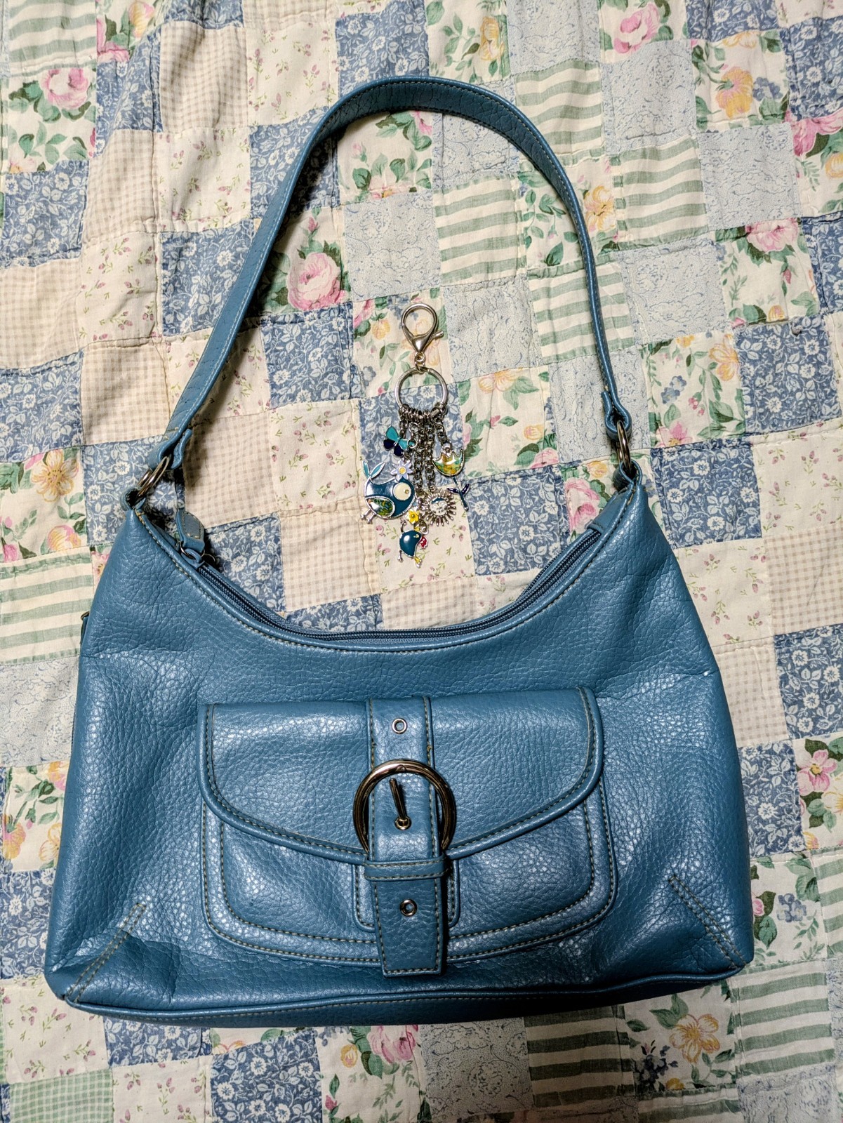 Blue Pebbled Shoulder Bag With Buckle Accent, Side Zip Compartment, Purse Charm
