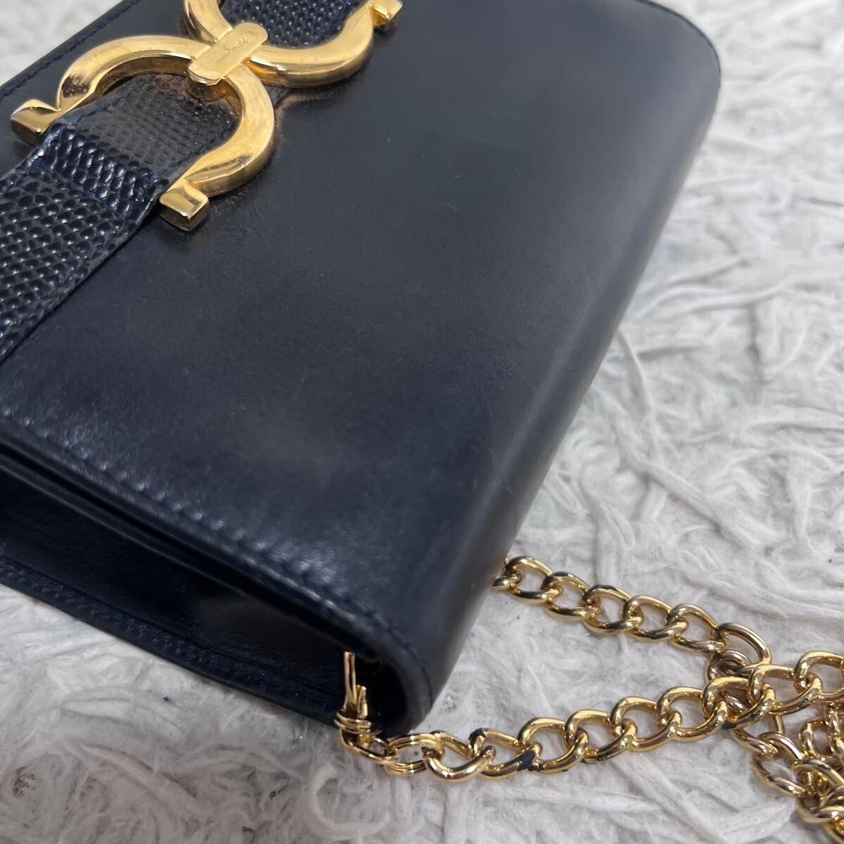 Salvatore Ferragamo Gancini Mini Shoulder Bag Black Leather Gold Italy 115cm