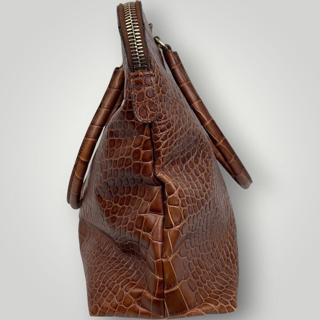 Max Mara Tote Bag Brown Croc Embossed Leather Shoulder Handbag Women USED