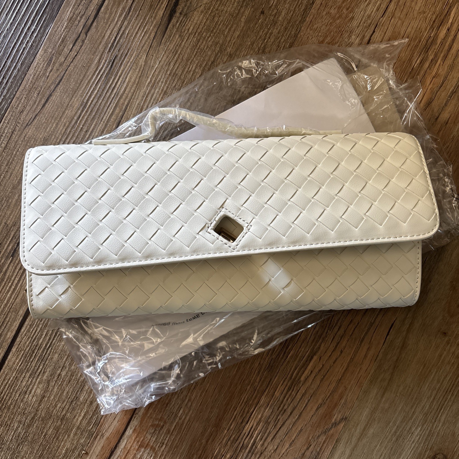 White Woven Vegan Leather Clutch Crossbody Bag Gold Hardware Intrecciato Style