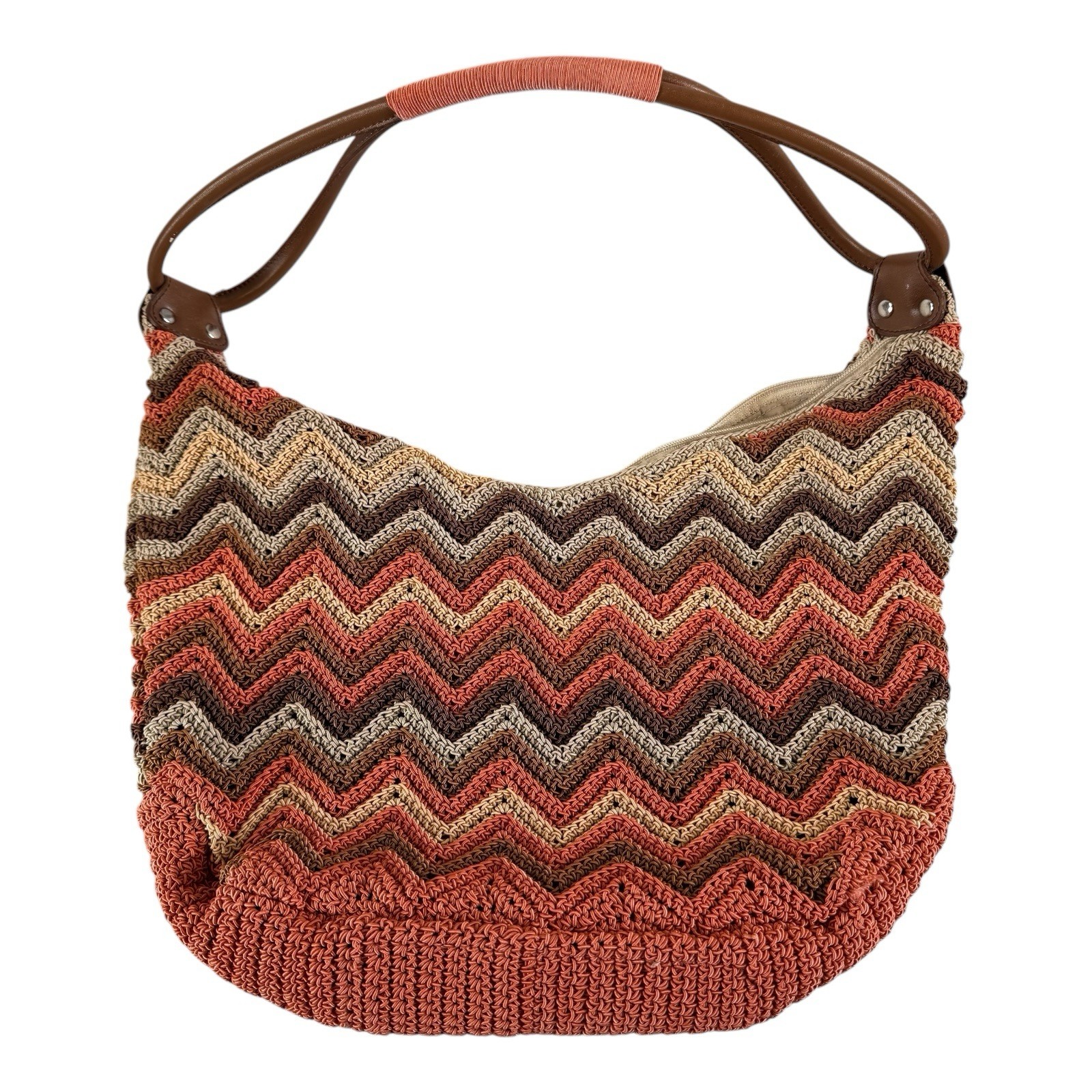 Nine West Crocheted Hobo Bag With Leather Strap Orange & Brown 18”x12”- POCKETS
