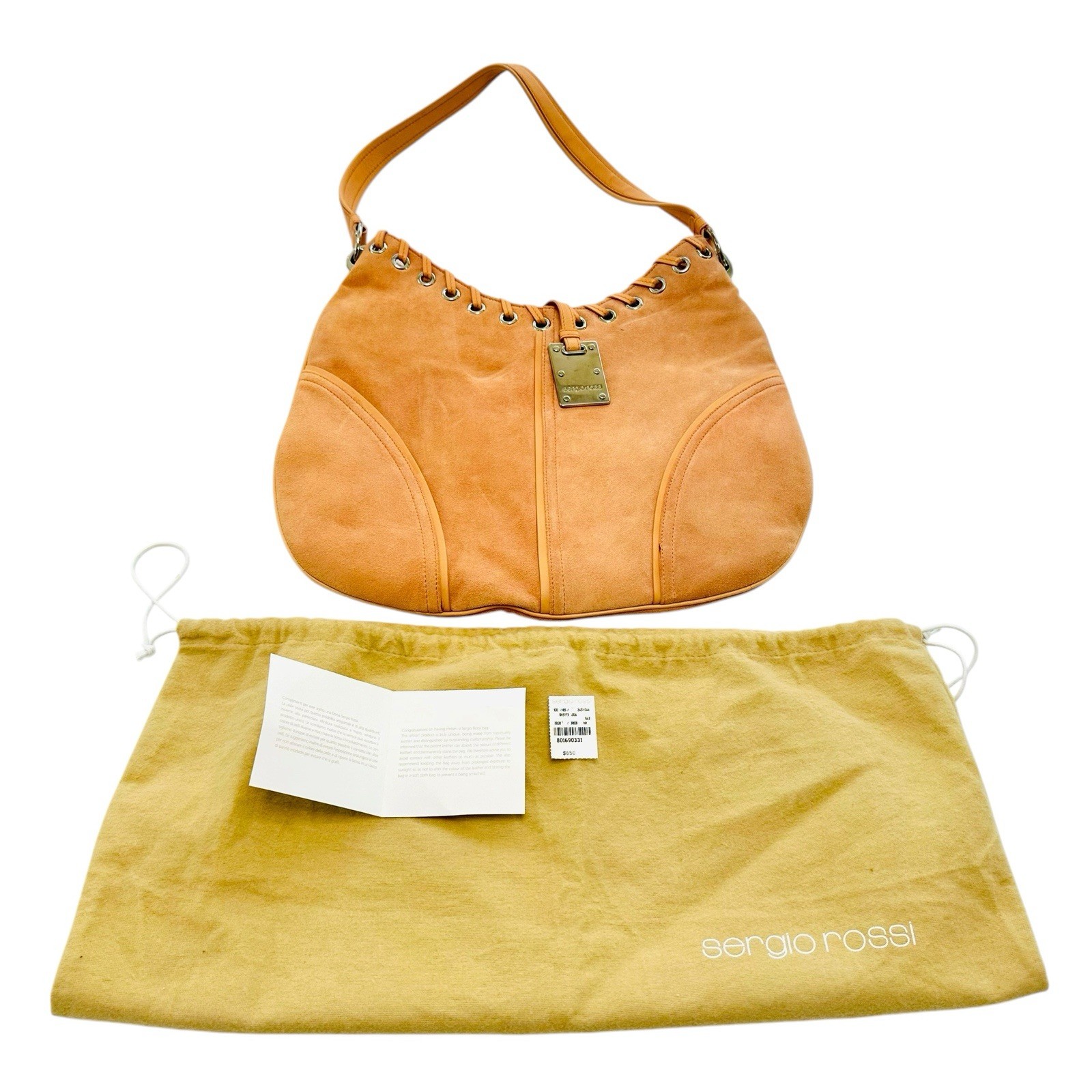 Sergio Rossi Coral Suede Hobo Bag Leather Laced Grommet Shoulder Purse Italy