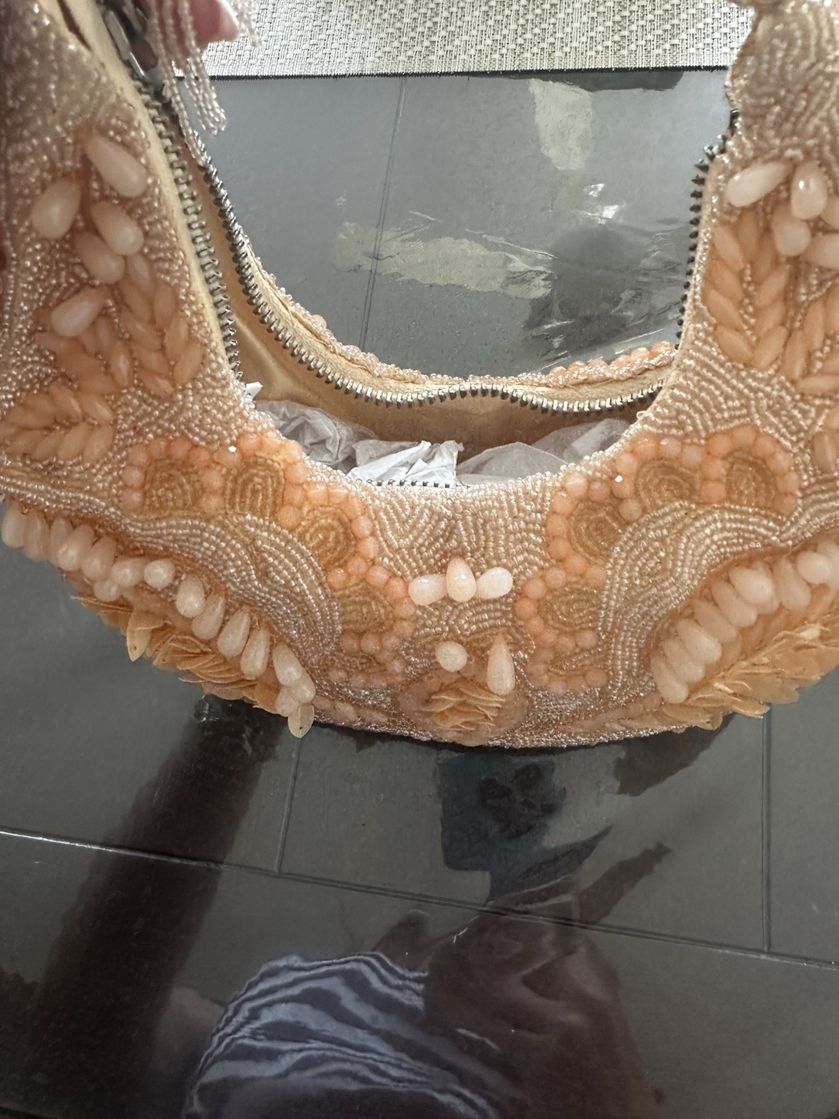 VIRAL Orange creamscicle Beaded Floral Crescent Shoulder Bag