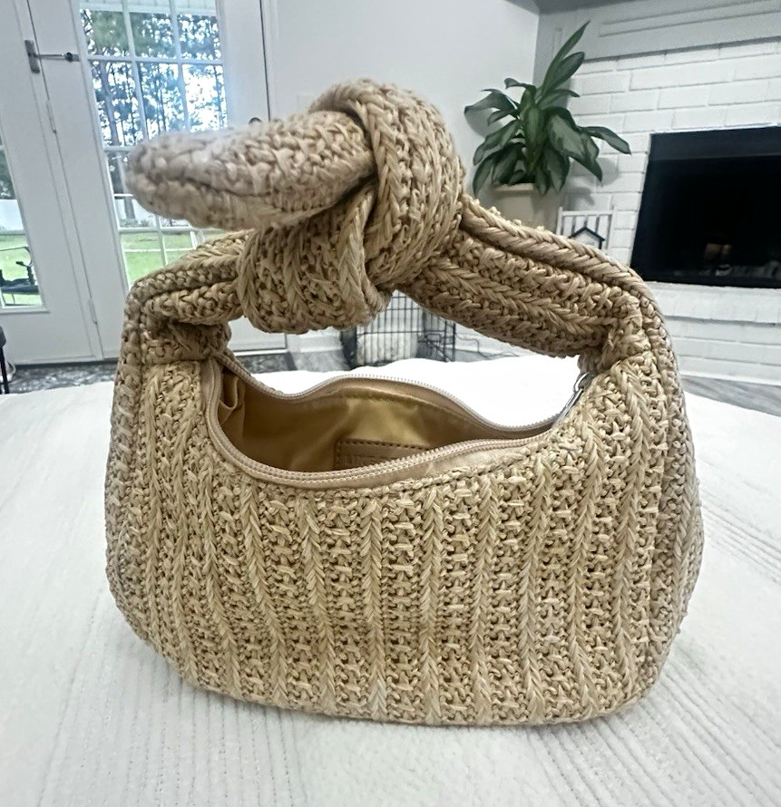 Live Dreamer Beige Medium Hobo Bag Crescent Top Handle Knot Zip Lined