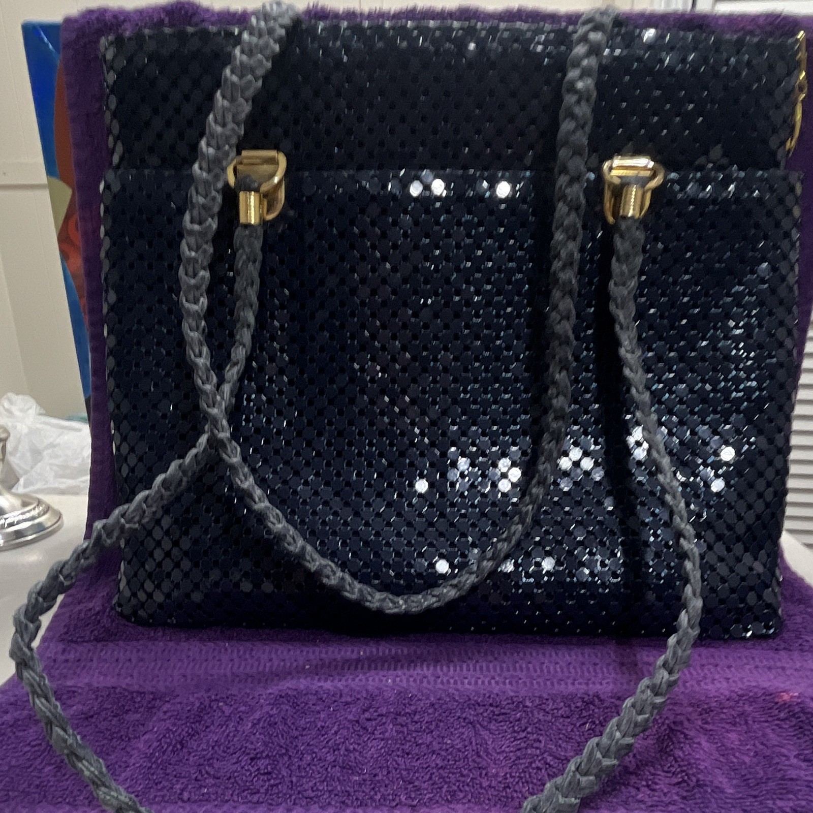 vintage Marlo Navy Blue metal mesh evening shoulder bag features braided straps