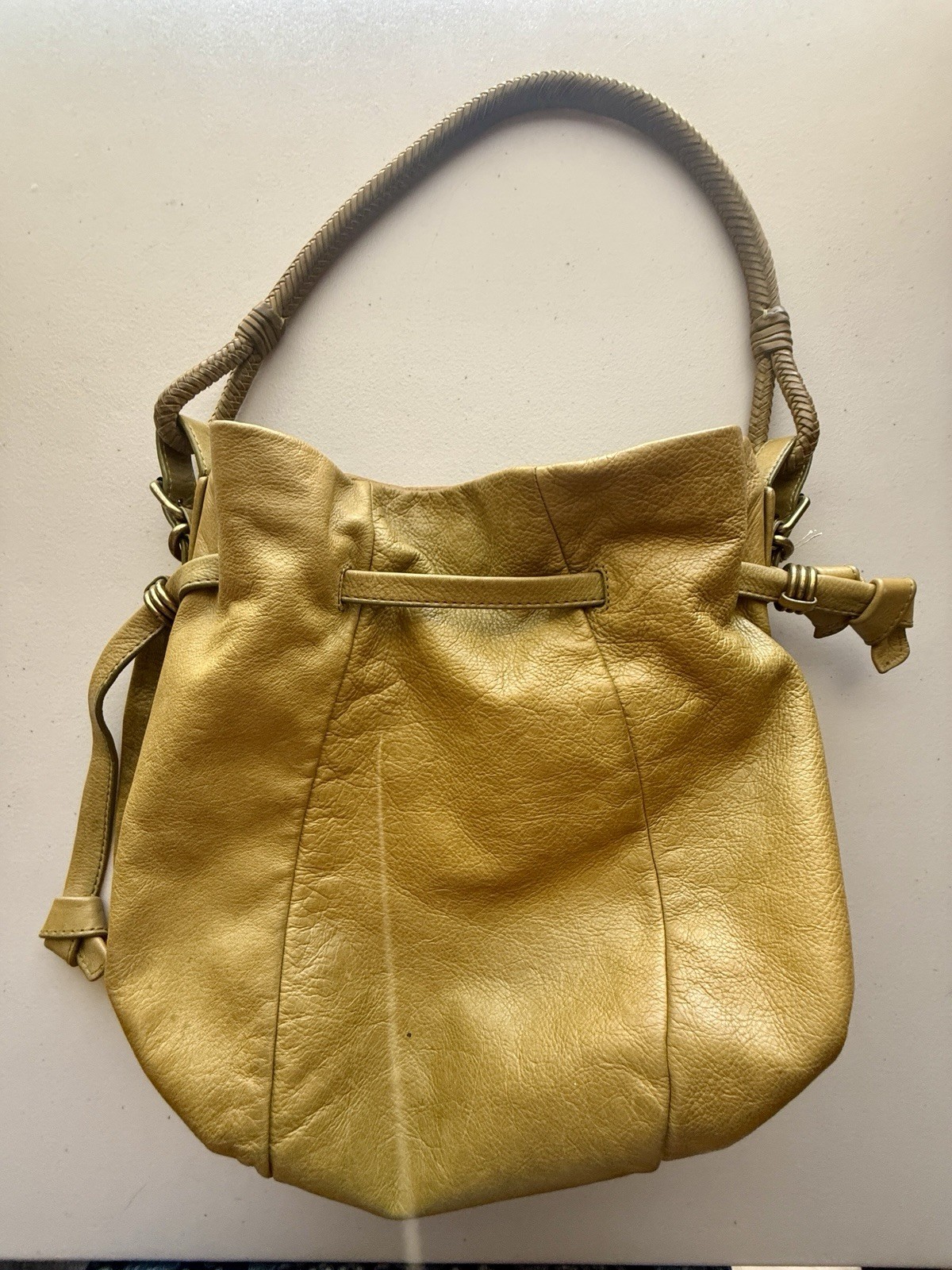 Elliott Lucca Olive Pebbled Soft Leather Hobo Shoulder Bag Woven Handle Boho