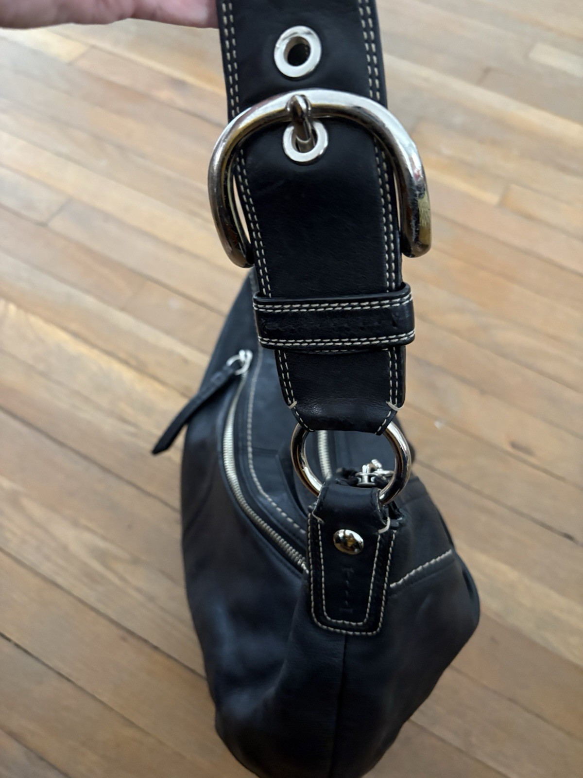 Coach Black Leather Large Hobo Silver Hardware Stitching Buckle Pleated Charm