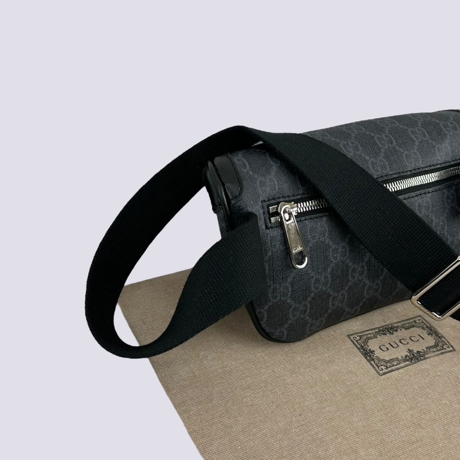 Gucci GG Monogram Interlocking G Canvas Leather Crossbody Belt Bag Black 682933