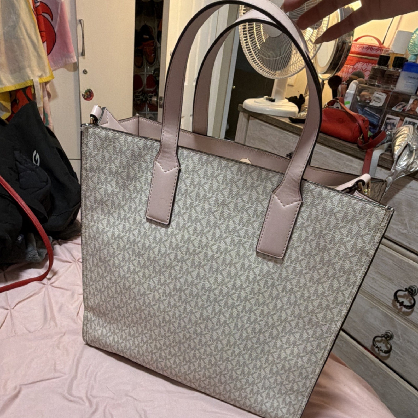 Michael Kors Beige Pink Logo Tote Detachable Strap Zipper Accent Outer Pockets