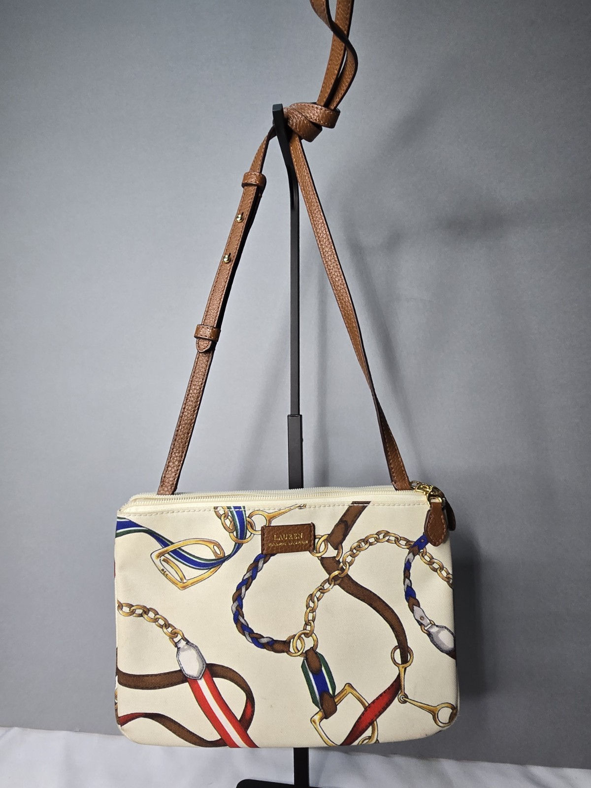 Lauren Ralph Lauren Equestrian Belt Print Crossbody Bag Cream Tan Leather Pouch