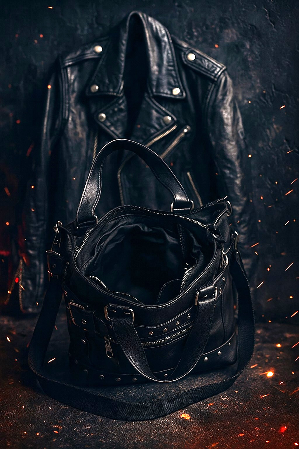 Black Gothic Punk Tote Bag Chains Studs Crossbody Handbag for Women Y2K Large