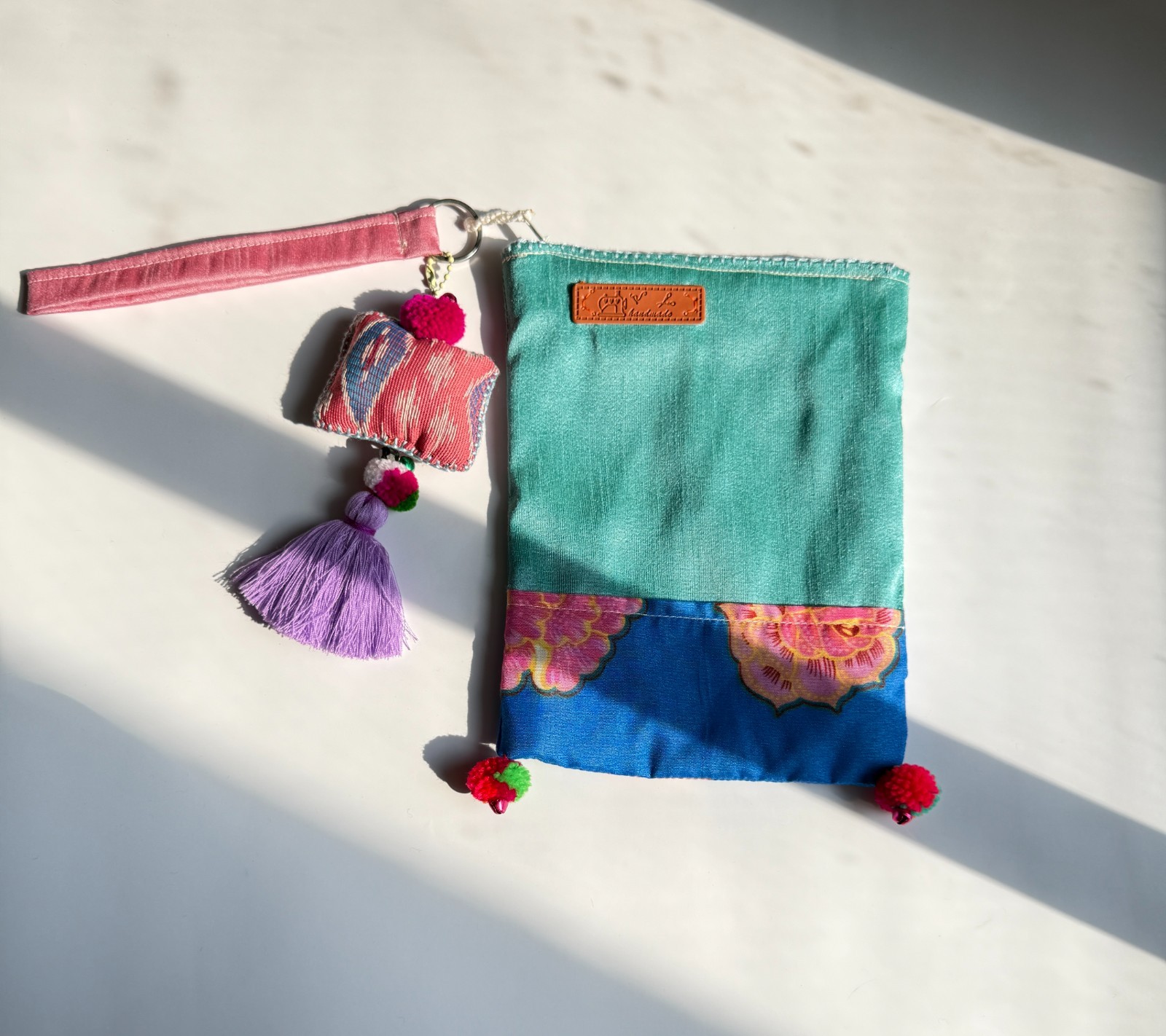 Handmade Phone Pouch Wristlet Zipper Bag Tassel Charm Fabric Organizer 4×8″
