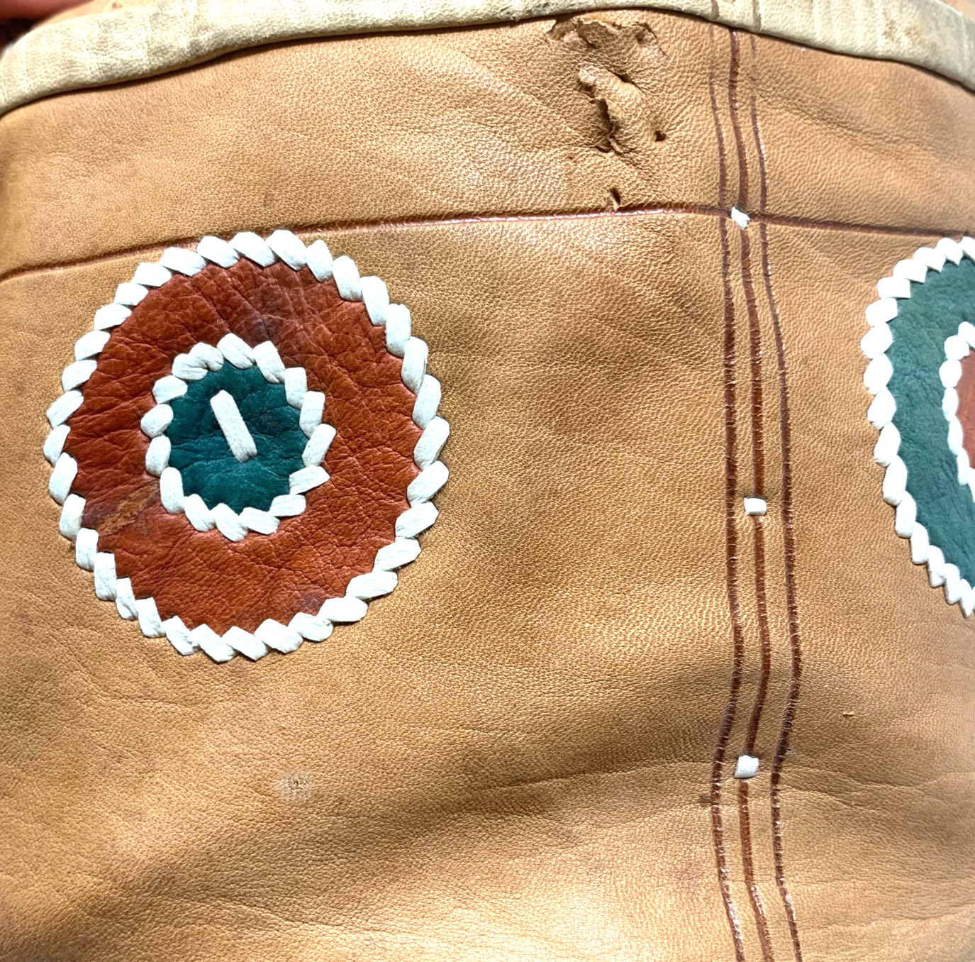 Vintage Artisan Made Kidskin Leather Southwestern Drawstring Bucket Bag Purse