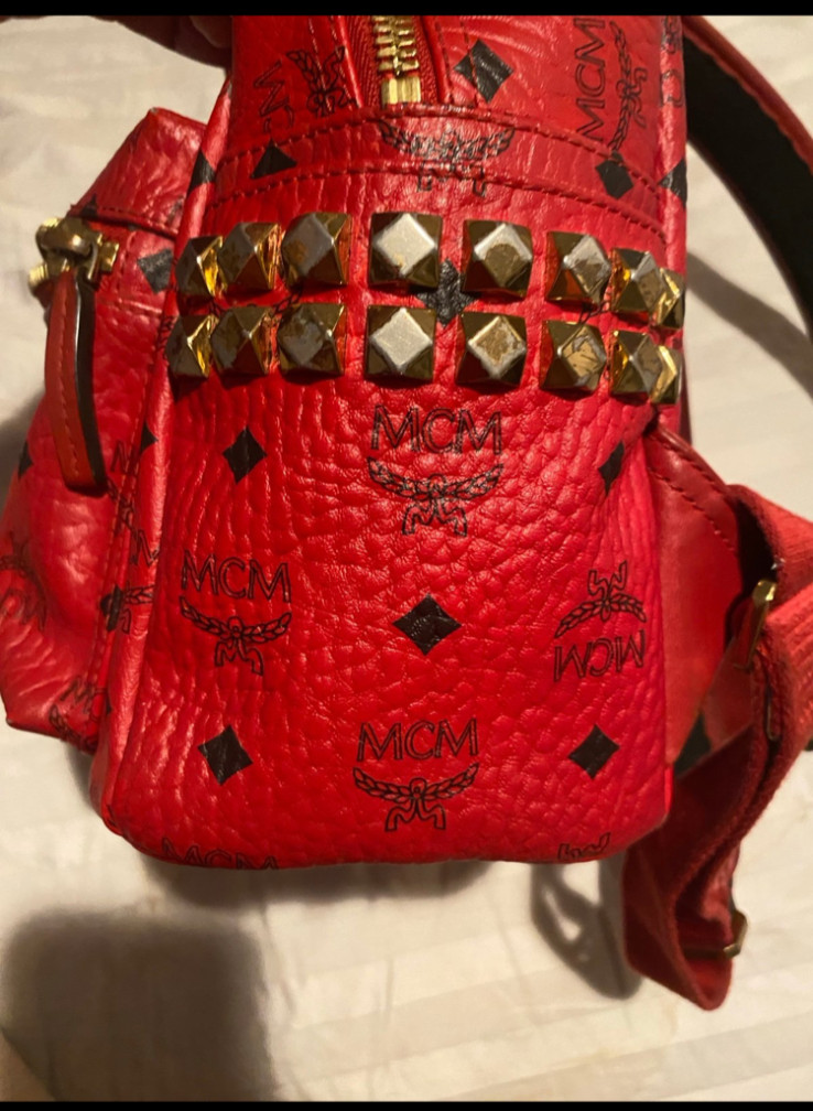 MCM Stark Side Studs Backpack Visetos Monogram Candy Red