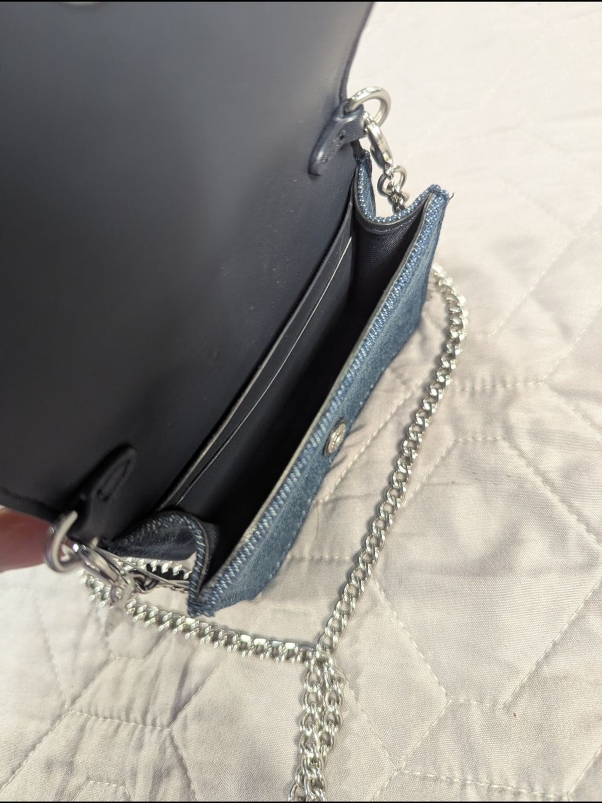 Coach Denim Studded Mini Wallet On Chain Crossbody Bag Silver Rivets Card Case
