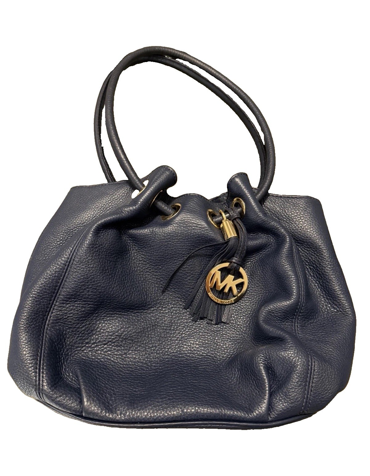 Michael Kors Blue Pebbled Bucket Drawstring Bag Tassel Gold Hardware Pockets