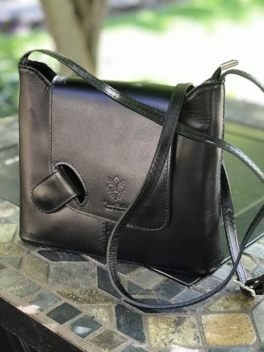 Italian Vera Pelle Cross Body Bag Leather Flapover Magnetic Closure Black Italia