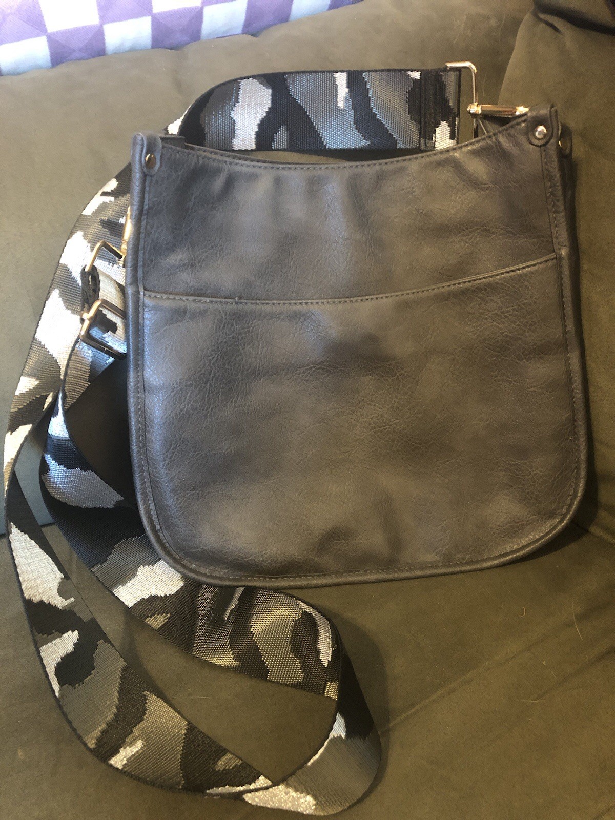 Gray Crossbody Bag With A Camouflage Strap In Black, Gray W/ Silver Metallic