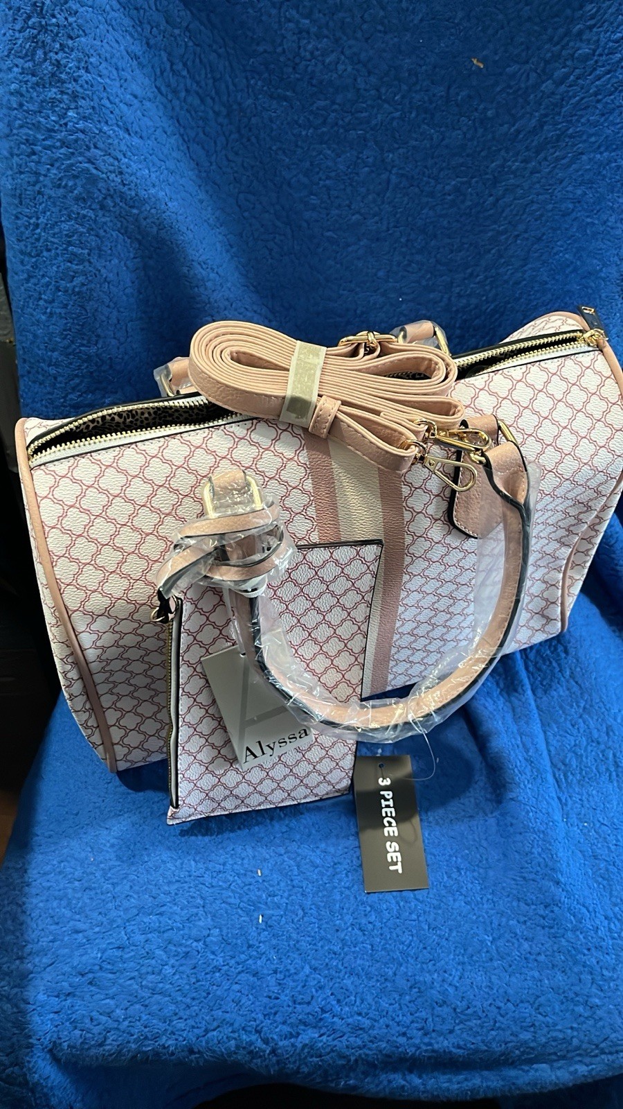 Alyssa Pink/White Geometric Rectangle Satchel Top Handle, Detachable Strap