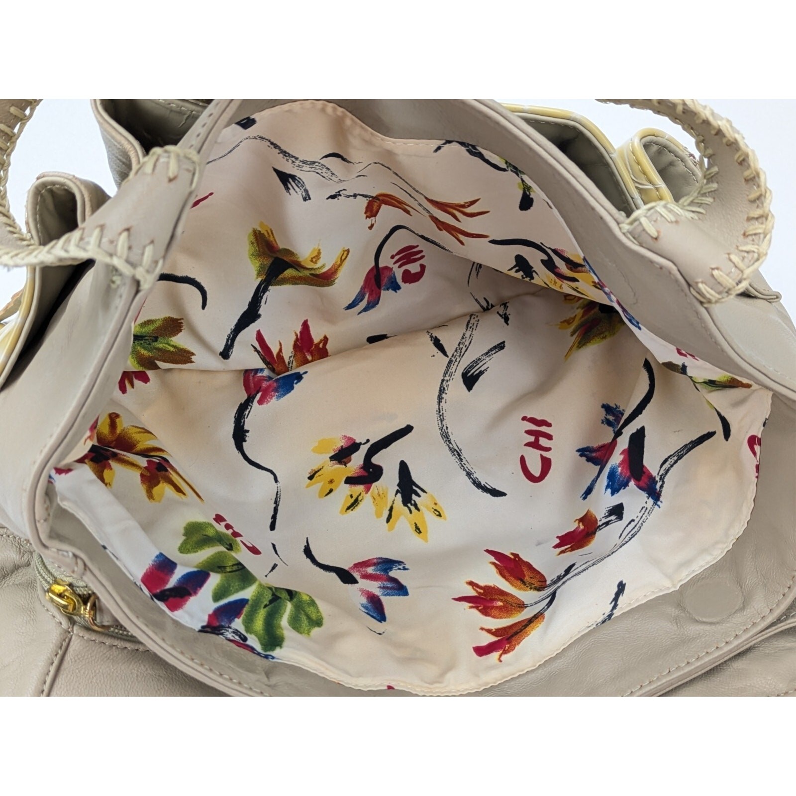 Chi by Falchi Beige & Yellow Embossed Leather Shoulder Bag & Matching Mini Bag