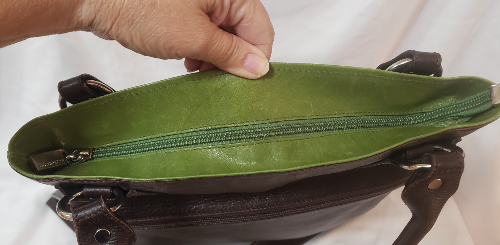 Puntotres Distressed Leather Brown Green Crossbody Messenger Bag- Spain EUC!
