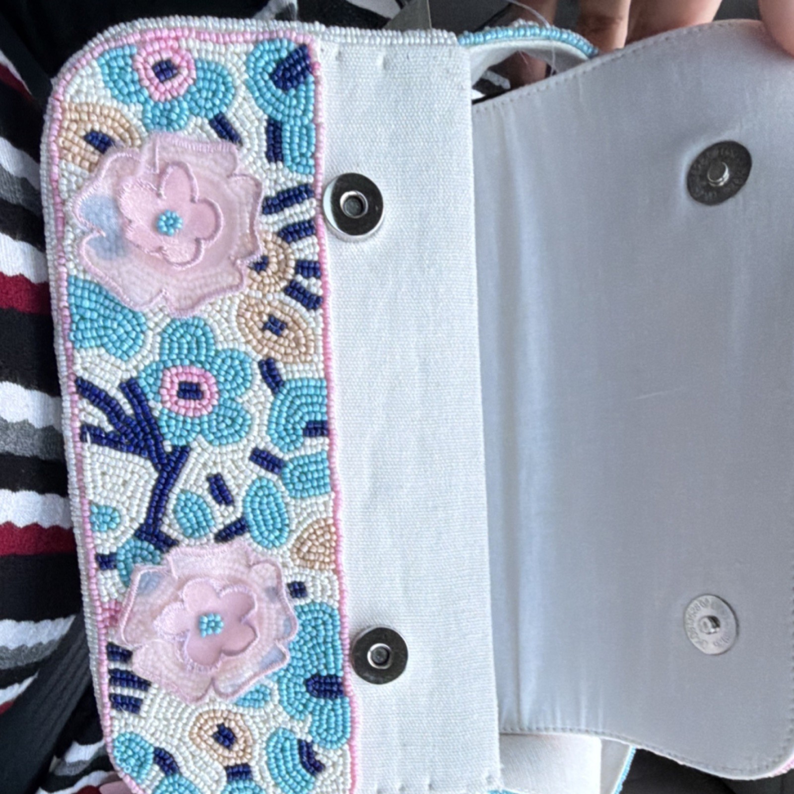 Beaded Floral Applique Shoulder Bag Blue Pink White Beige Women Magnetic Closure
