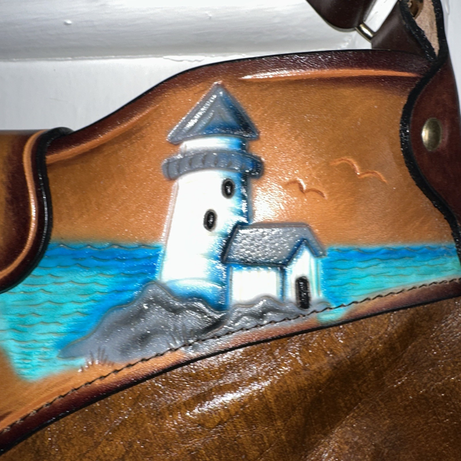 STINE Artisan Hand Crafted/Painted Genuine Leather, Lighthouse Shoulder Purse