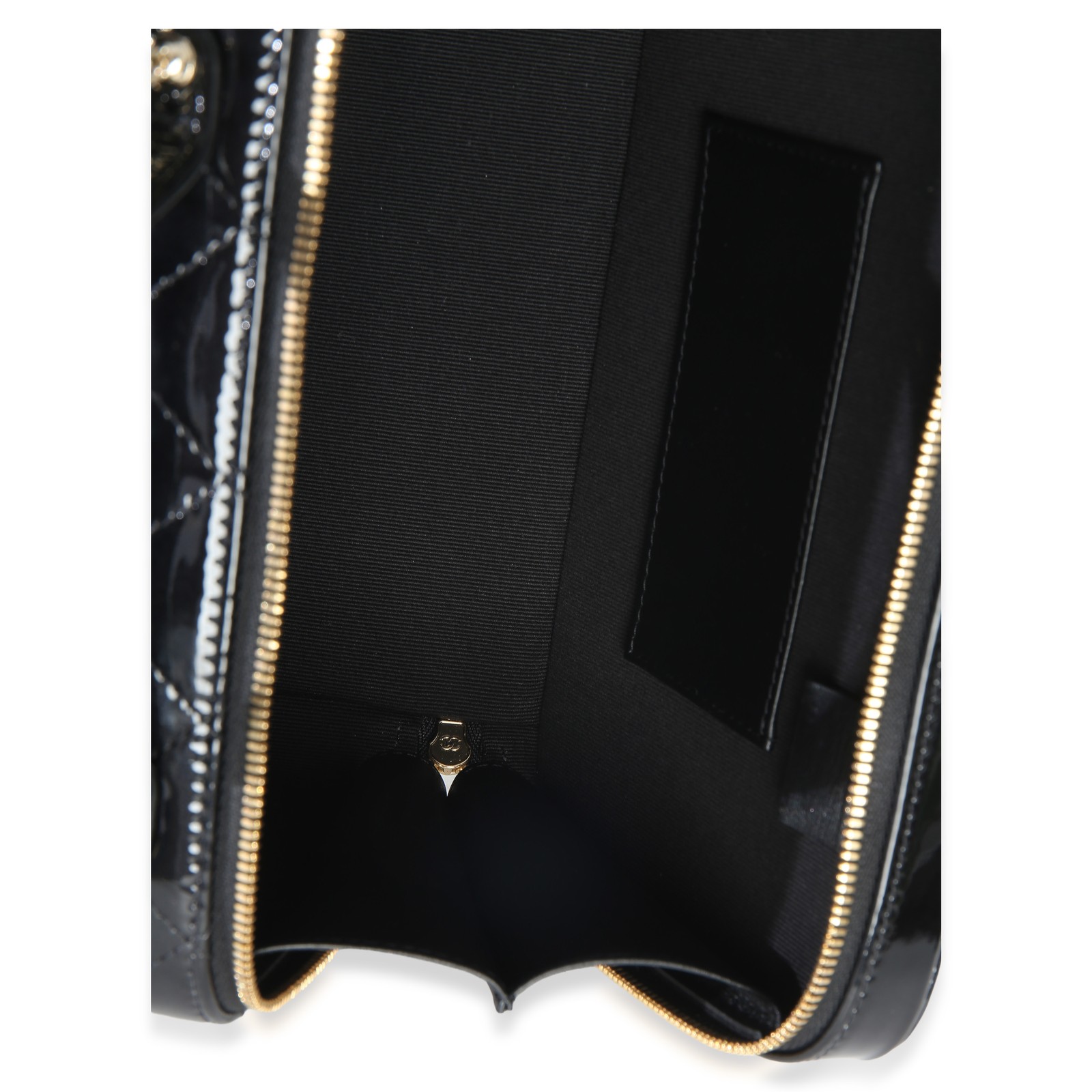 Chanel Black Quilted Patent Top Handle Vanity With Chain
