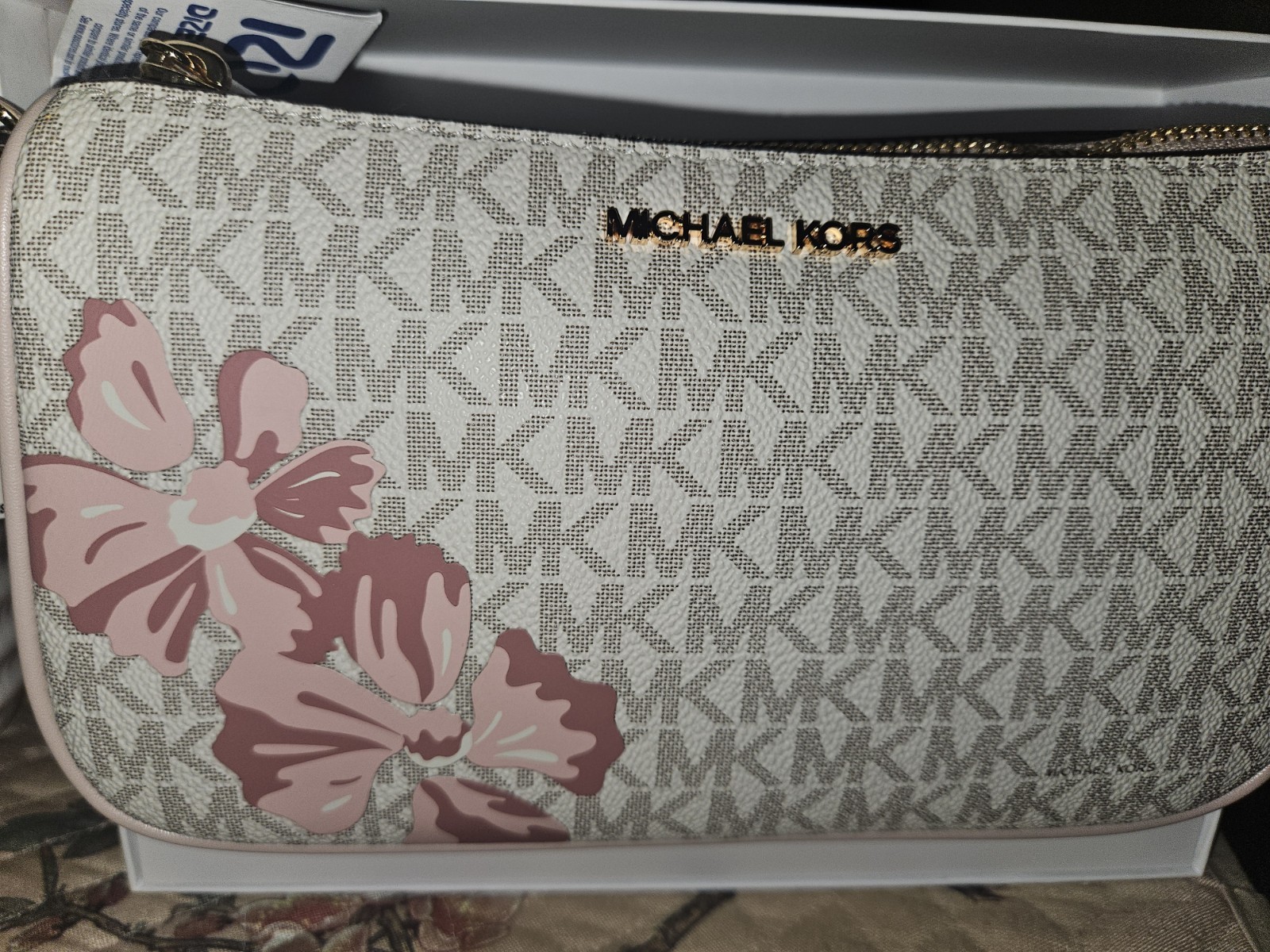 MICHAEL KORS Jet Set Floral Stamp MK Logo Soft Pink Md Pouchette w/GIFT BOX$158