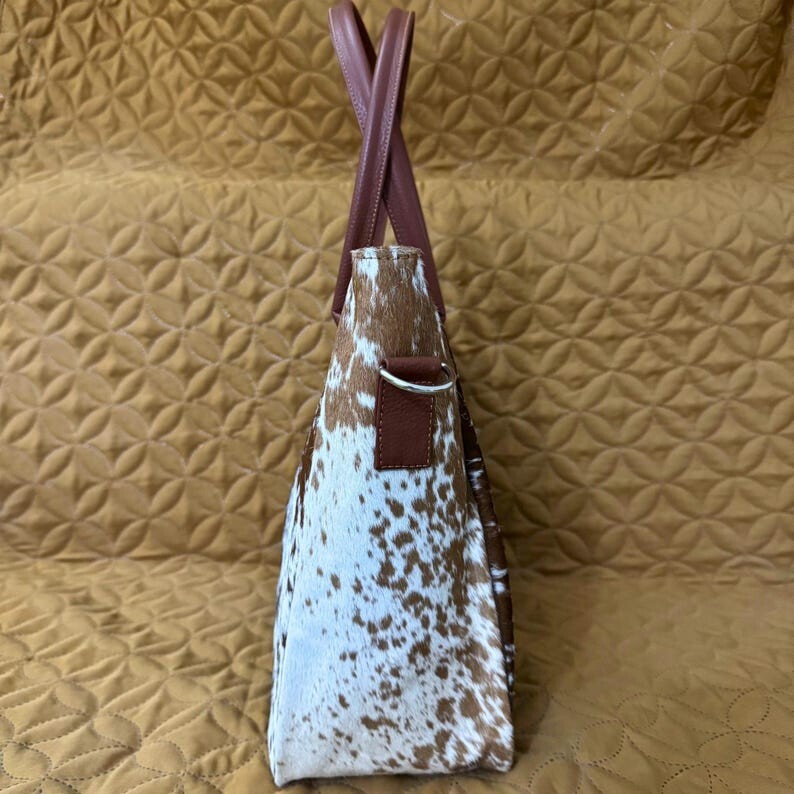 Brown & White Cowhide Leather Tote Bag – Western Shoulder Bag Gift for Her, Mom