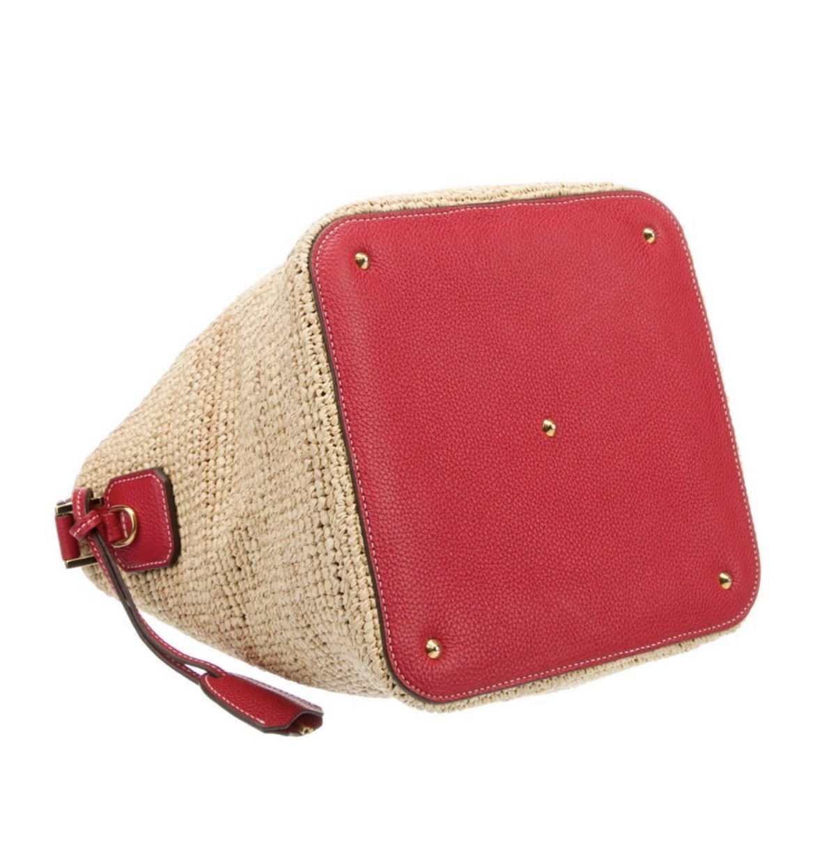 Mark Cross Woven Bucket Bag Beige Red Leather Trim Gold Hardware Lock