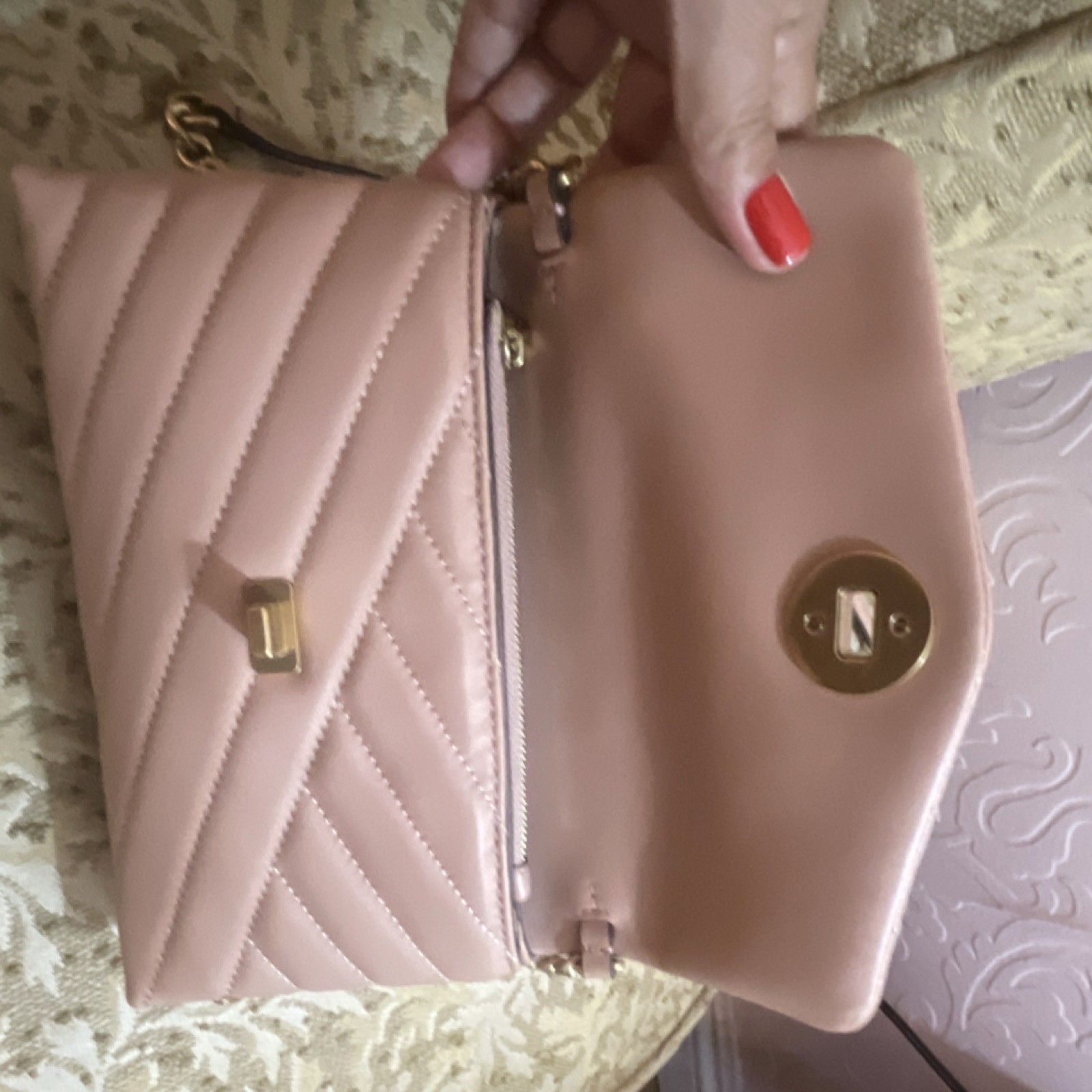 Tory Burch Pink Chevron Quilted Kira crossbody purse