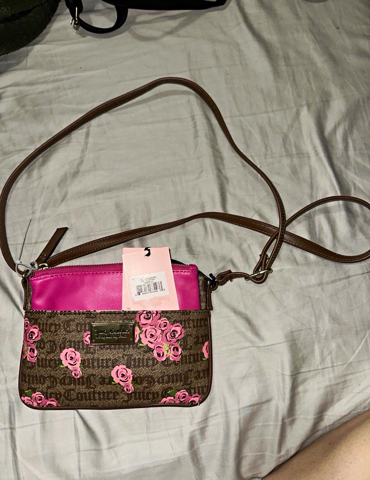 Juicy Couture Small Brown Pink Floral Rose Logo Crossbody Bag Zip Strap