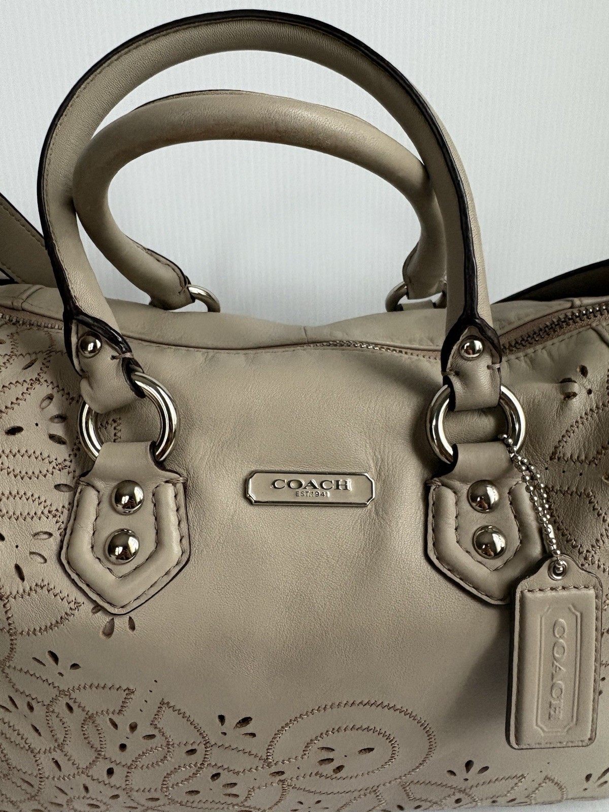 Coach Ashley Leather Tossed Laser Cut Satchel Shoulder Bag Mushroom Color EUC