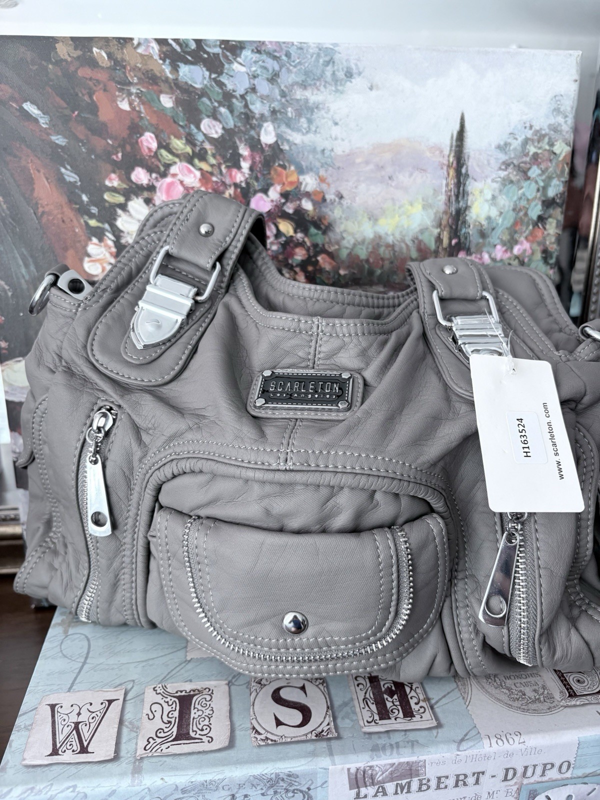 Scarleton Gray Womens Shoulder Bag Multi Pocket Zip Snap Silver Hardware