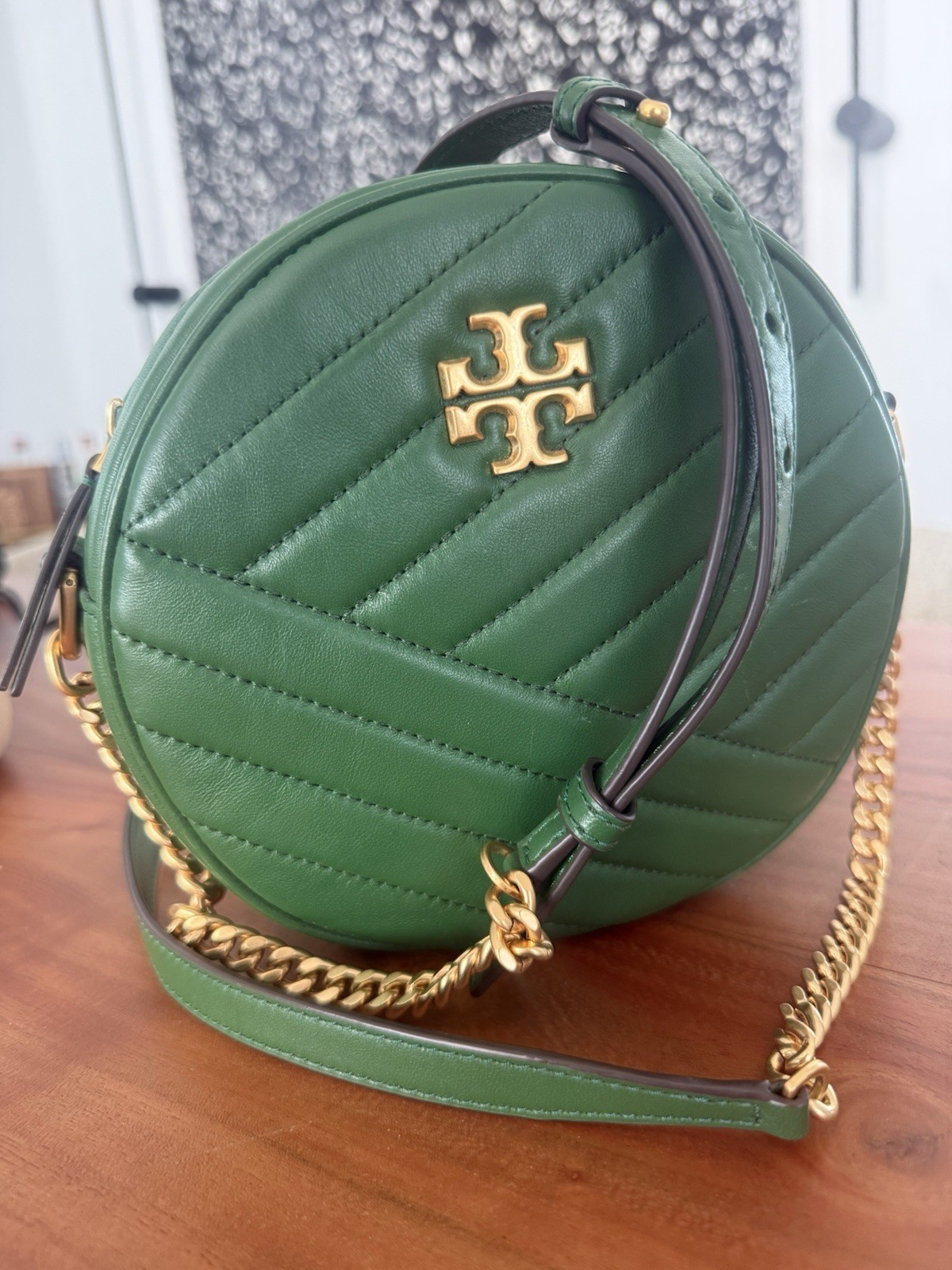 Tory Burch Kira Chevron Circle Bag Green Quilted Leather Gold Hardware