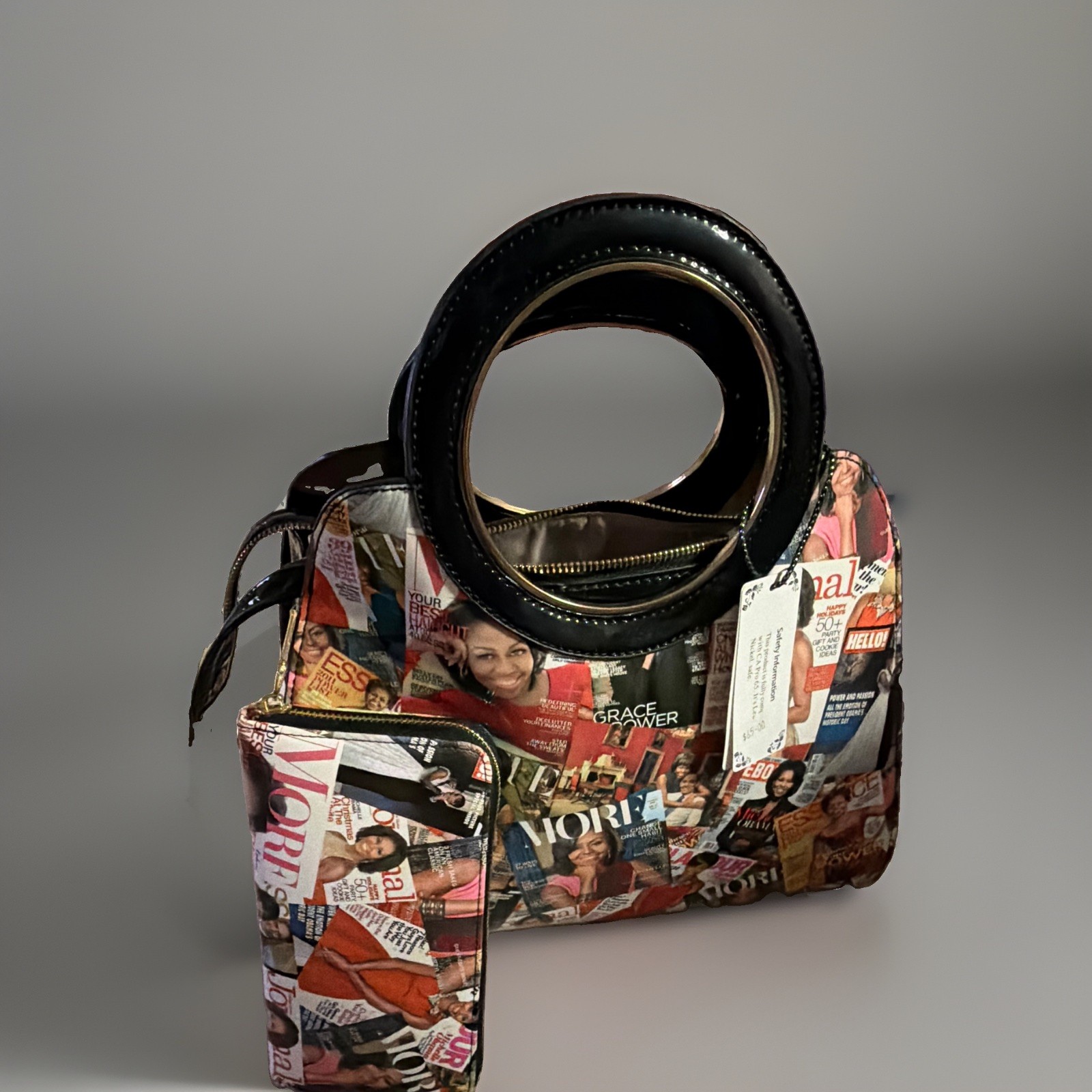 Vegan 2-in-1 Magazine Print Satchel Top Handle Bag w Wristlet, Zip Strap