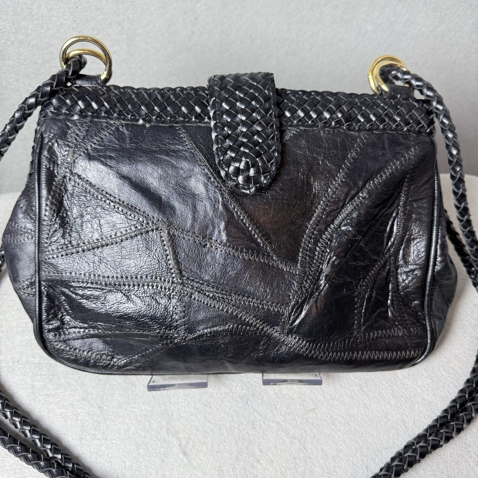 Vintage Warren Reed Black Faux Leather Woven Strap Snap Closure Shoulder Bag