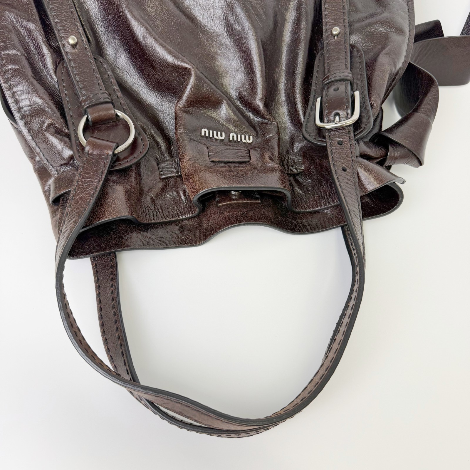 MIU MIU Vitello Lux Gathered Brown Leather Shoulder Handbag Vintage