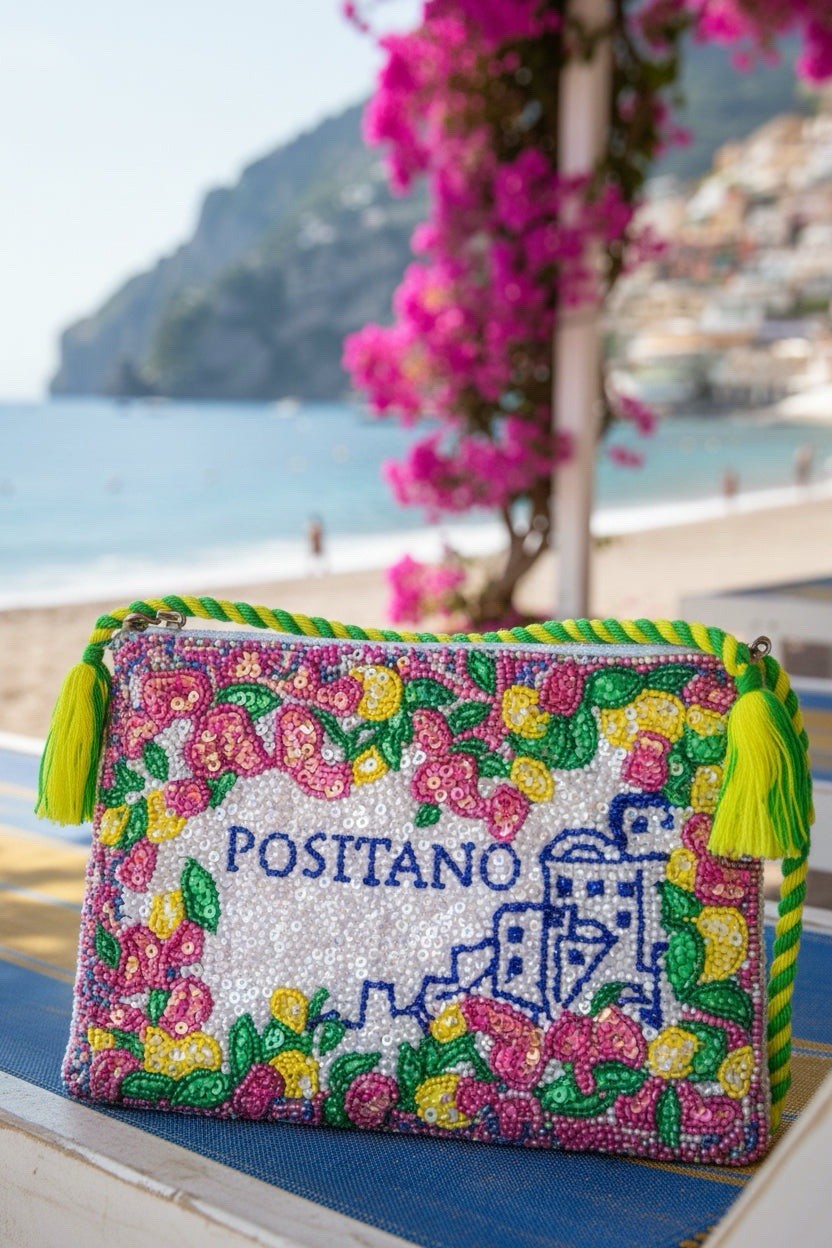 Antica Sartoria 2026 Pink Green Clutch Positano Beaded Bag Gorgeous NWT