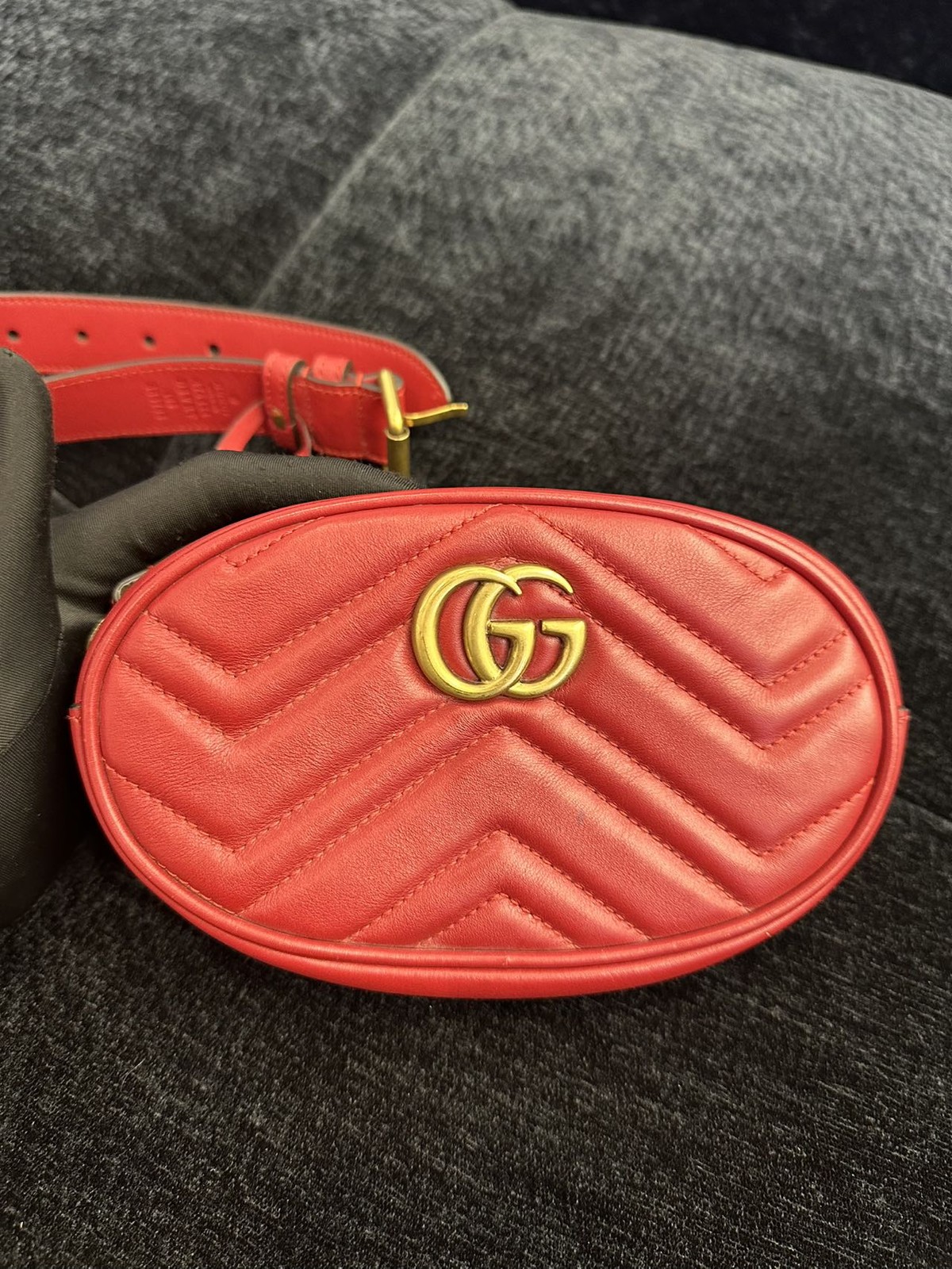 Authentic Gucci GG Marmont Red Matelasse Leather Belt Bag Italy