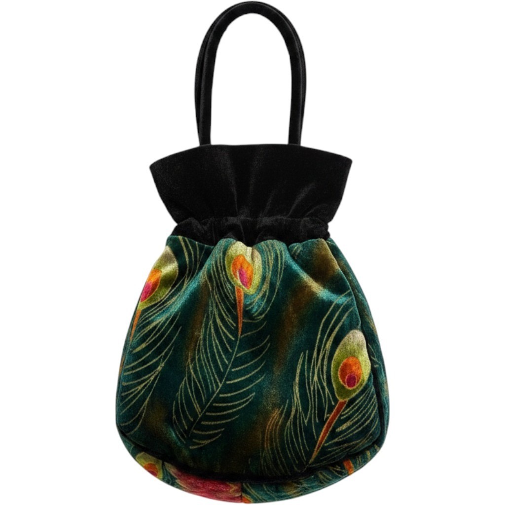 J&X NY Velvet Peacock Feather Drawstring Pouch Handbag Green Artsy Whimsygoth