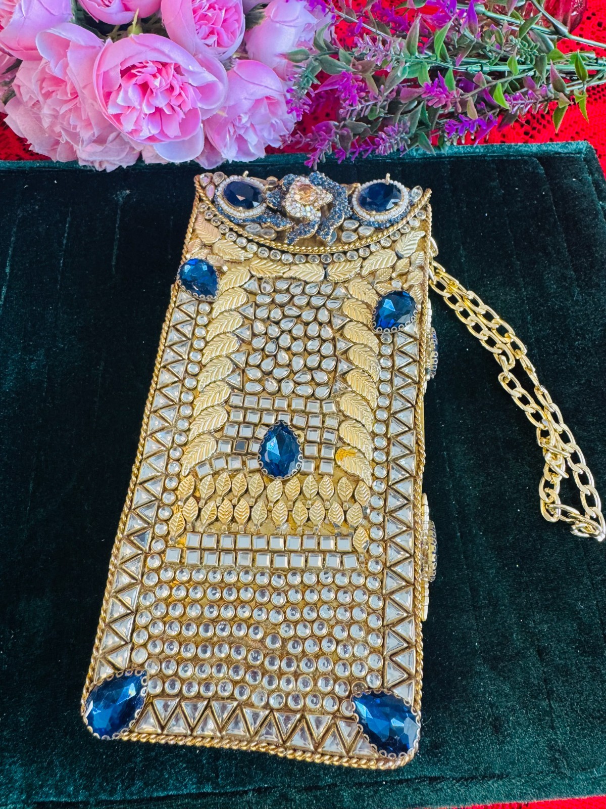 Gold Crystal Evening Clutch Purse Blue Rhinestone Wedding Party Chain Bag