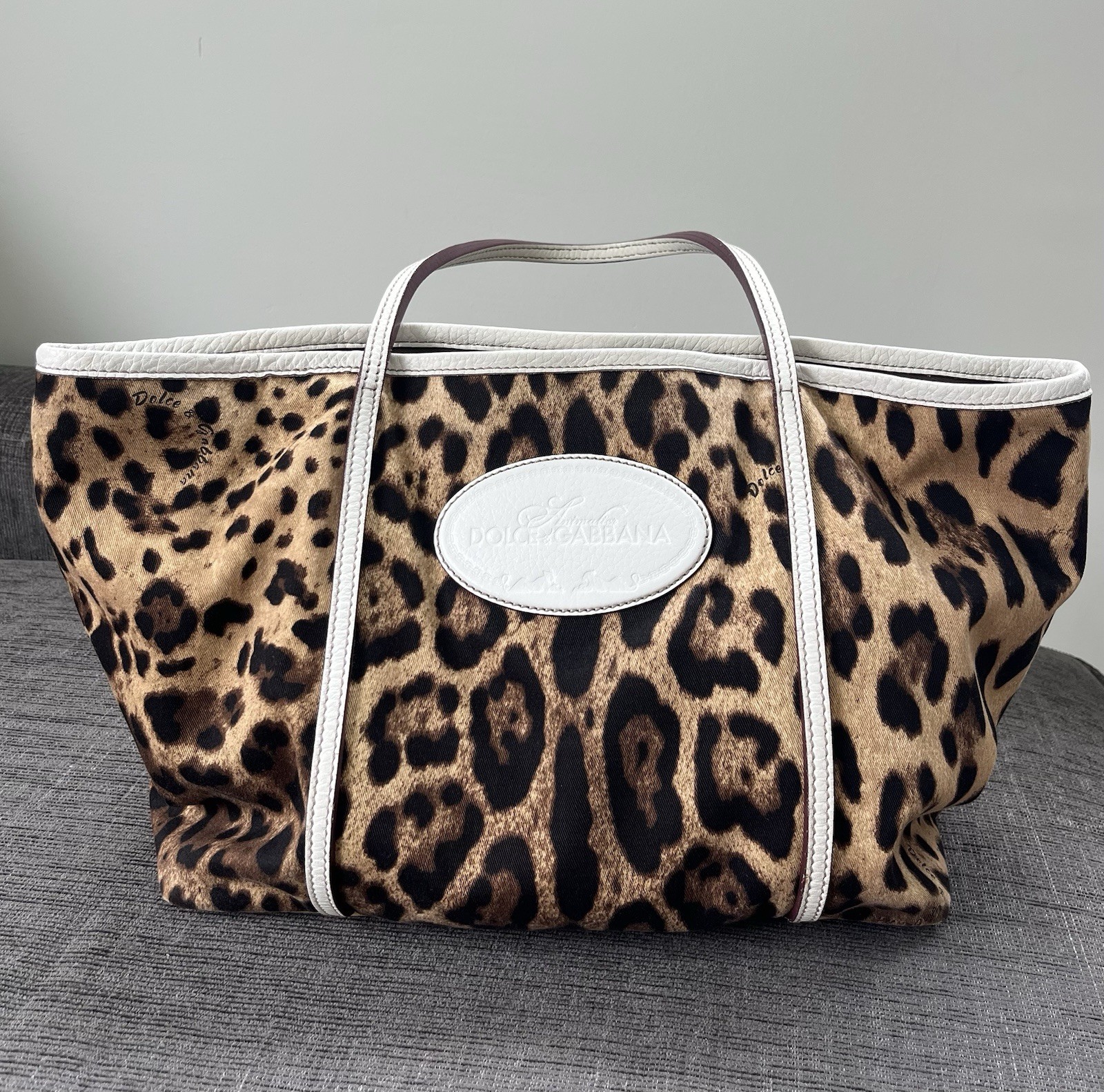 Dolce & Gabbana Animalier Leopard Print Canvas Shopper Tote White Leather Trim