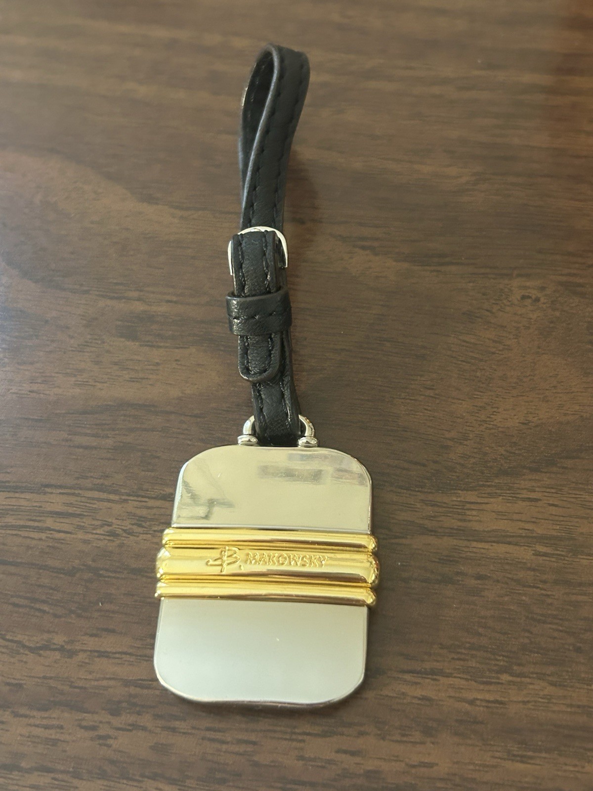 B Makowski Black Leather Stainless Steel Bag Tag Charm