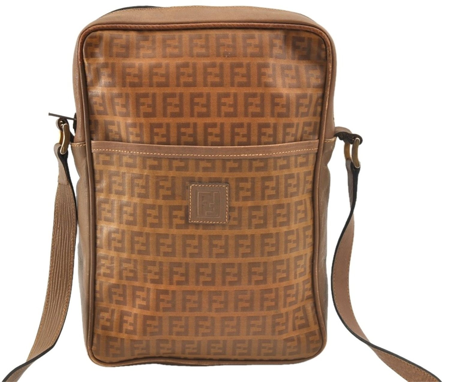 Authentic FENDI Zucchino Shoulder Cross Body Bag PVC Leather Brown AB760