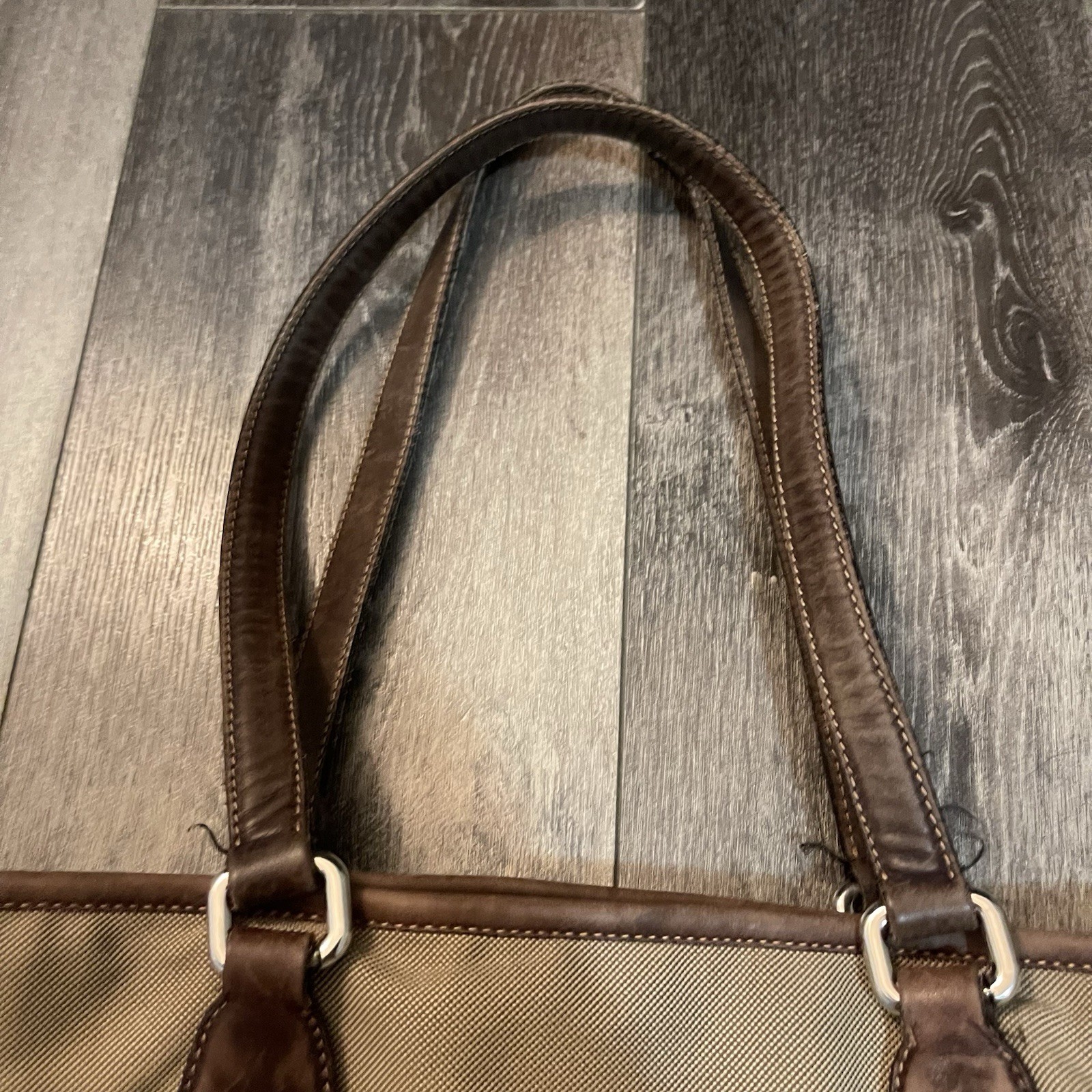 Prada Tote Bag Canvas Leather Beige Brown Silver Hardware Logo Shoulder Purse